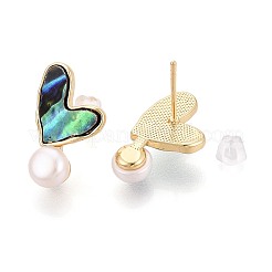 Heart Brass Natural Pearl Stud Earrings&nbsp;PEAR-N017-07D