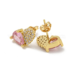 Heart Brass Pave Cubic Zirconia Stud Earrings for Women&nbsp;EJEW-N054-38G