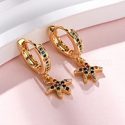 Starfish Brass Micro Pave Cubic Zirconia Hoop Earrings&nbsp;EJEW-F384-14G-02