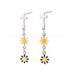 Cross with Flower Enamel Long Dangle Stud Earrings&nbsp;EJEW-N049-01B