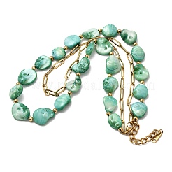 304 Stainless Steel with Dyed Green Natural Shell Nuggets Beaded Double Layer Necklaces for Women&nbsp;NJEW-G181-09G