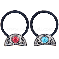 4Pcs 2 Colors Alloy & Resin Imitation Synthetic Turquoise & Polyester Hair Ties&nbsp;OHAR-CY0001-11