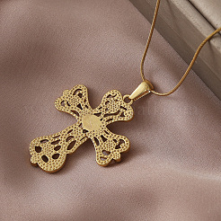 Vintage 304 Stainless Steel with Clear Glass Hollow Cross Pendant Necklaces for Women&nbsp;MR8108