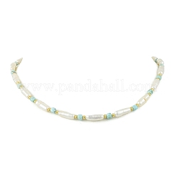 Faceted Cube Natural Larimar & Natural Baroque Keshi Pearl Column Beaded Necklaces&nbsp;NJEW-JN06620