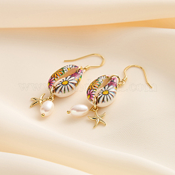 925 Sterling Silver Shell Shape with Starfish Dangle Earrings&nbsp;EJEW-M096-02G