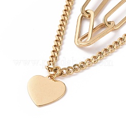 PVD Vacuum Plating 304 Stainless Steel Double Chains Multi Layered Necklace with Heart Charms for Women&nbsp;STAS-E155-08G
