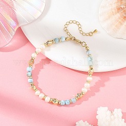2Pcs 2 Styles Natural Lapis Lazuli and Larimar Faceted Cube Beaded Bracelet Sets with Natural Pearl for Women&nbsp;BJEW-JB14475