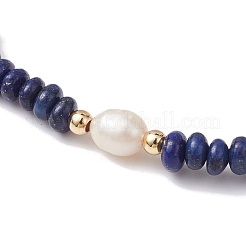 Natural Lapis Lazuli Rondelle & Pearl Beaded Stretch Bracelets&nbsp;BJEW-JB09918-07