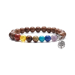 Natural Wood & Gemstone Round Beaded Stretch Bracelet with Alloy Tree Charm&nbsp;BJEW-JB08100