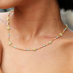 Bohemian Beach Vacation Brass Enamel Sunflower Handmade Link Chain Necklaces Women's Date Gift&nbsp;HM4276