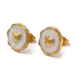 Ion Plating(IP) 304 Stainless Steel Flat Round with Heart Stud Earrings&nbsp;EJEW-C114-15G-02