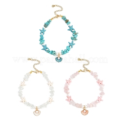 3Pcs 3 Styles Zinc Alloy Enamel Shell Shape Charm Round Shell Pearl & Dyed Synthetic Turquoise Starfish & Magnesite & Opalite & Natural Rose Quartz Chip Beaded Anklets&nbsp;AJEW-AN00735