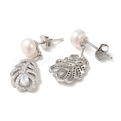 Anti-Tarnish Cubic Zirconia Feather with Natural Pearl Dangle Stud Earrings&nbsp;EJEW-F318-14P