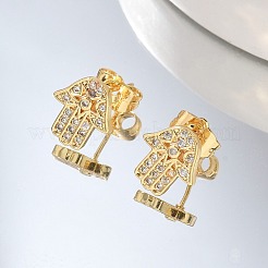Hamsa Hand Brass Micro Pave Clear Cubic Zirconia Stud Earrings&nbsp;EJEW-D305-03G