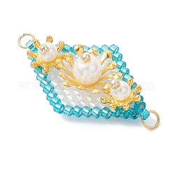 Imitation Pearl & Glass Seed Beaded Floral Rhombus Links Connector Charms&nbsp;PALLOY-MZ01182-01