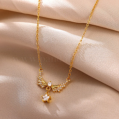 304 Stainless Steel Pave Clear Cubic Zirconia Angel Wings Pendant Necklaces for Women&nbsp;WG752E1-01