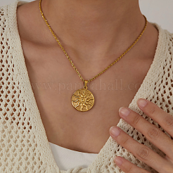 304 Stainless Steel Flat Round with Sun Pendant Necklaces for Women&nbsp;KE4439-1