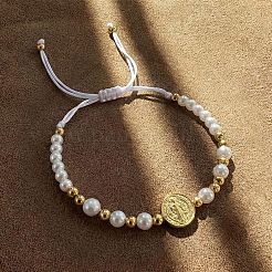 Elegant Round Brass & Imitation Pearl Beads Braided Bead Bracelets&nbsp;FJ6643