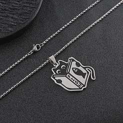 304 Stainless Steel Black Cat with Book Pendant Box Chain Necklaces&nbsp;WGD8BFB-01
