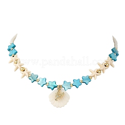Summer Beach Carved Natural Freshwater Shell and Alloy Shrimp Pendant Starfish Dyed Synthetic Turquoise & Glass Beaded Necklaces for Women&nbsp;NJEW-JN06506-02