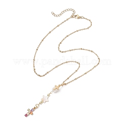Natural Cultured Freshwater Pearl & Freshwater Shell Star & Brass Pave Colorful Cubic Zirconia Cross Pendant 304 Stainless Steel Cable Chain Y Necklaces&nbsp;NJEW-JN05365