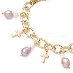 Natural Pearl Rice and 304 Stainless Steel Cross Charm Bracelets for Women&nbsp;BJEW-JB12984