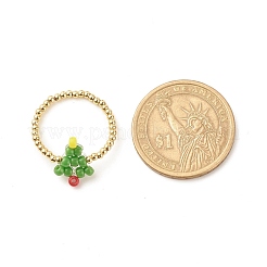 Christmas Tree Glass Seed & Brass Beaded Finger Ring&nbsp;RJEW-TA00038