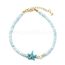 Ocean Dyed Synthetic Turquoise Starfish & Rondelle Glass Beaded Anklets for Women&nbsp;AJEW-AN00806