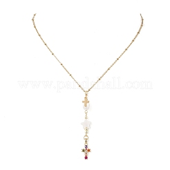 Natural Cultured Freshwater Pearl & Freshwater Shell Star & Brass Pave Colorful Cubic Zirconia Cross Pendant 304 Stainless Steel Cable Chain Y Necklaces&nbsp;NJEW-JN05365