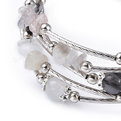 Five Loops Natural Tourmalinated Quartz/Black Rutilated Quartz & Moonstone Wrap Bracelets&nbsp;BJEW-JB04488-01