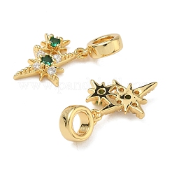 Brass Micro Pave Green and Clear Cubic Zirconia Double Star European Dangle Charms&nbsp;KK-L257-27G