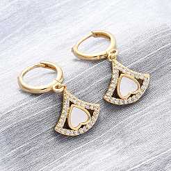 Fan with Heart Brass Micro Pave Clear Cubic Zirconia Hoop Earrings&nbsp;KK-D363-13G