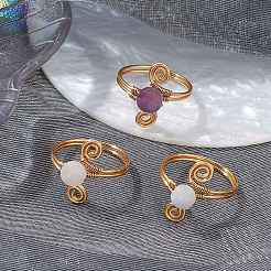 3Pcs Copper Wire Wrapped Round Natural Amethyst & Natural Aquamarine & Natural Rose Quartz Bead Finger Rings for Women&nbsp;RJEW-JR00808