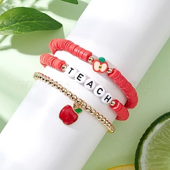 3Pcs 3 Styles Teachers' Day Polymer Clay Beads Stretch Bracelet & Alloy Enamel Apple Charm Bracelet Set for Women&nbsp;BJEW-TA00607