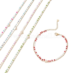 Bohemian Handmade Faceted Rondelle Glass Beaded Chains & 304 Stainless Steel Cable Chain 2-Strand Anklets for Women&nbsp;AJEW-AN00780