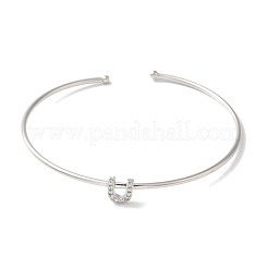Rack Plating Brass Micro Pave Clear Cubic Zirconia Letter Open Cuff Bangles&nbsp;BJEW-A018-01P-U