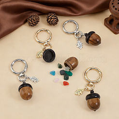 4Pcs 2 Styles Wood Acorns with 201 Stainless Steel Leafy Branch Pendant Decorations&nbsp;HJEW-CO00002