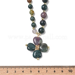 Saint Patrick's Day Natural Indian Agate Clover Pendant Round Beaded Necklaces with Brall Heart OT Clasps&nbsp;NJEW-G202-02G-01