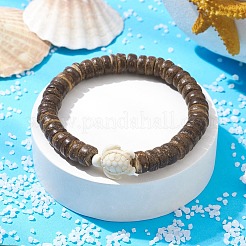 Natural Coconut Disc & Synthetic Turquoise Turtle Beaded Stretch Bracelet for Women&nbsp;BJEW-JB09700-05