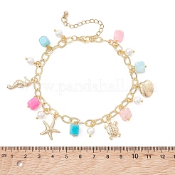 Ocean Theme Dyed Natural Agate & Glass Pearl & 304 Stainless Steel Starfish Turtle Charm Anklets for Women&nbsp;AJEW-AN00798