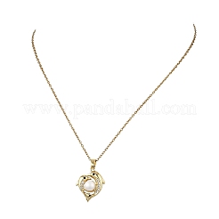 Ocean Brass Micro Pave Clear Cubic Zirconia and Natural Pearl Heart Dolphin Pendant 304 Stainless Steel Cable Chain Necklaces for Women&nbsp;NJEW-JN06262