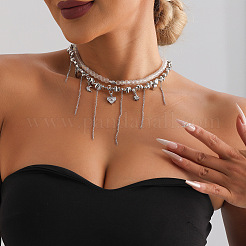 Alloy Pave Clear Cubic Zirconia and Glass Heart Star Moon Tassel 2-Strand Choker Necklaces for Women&nbsp;WGB35B4-01