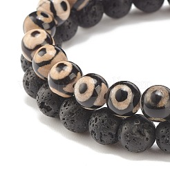2Pcs 2 Style Natural Tibetan 3-Eye dZi Agate & Lava Rock Mala Bead Bracelets Set&nbsp;BJEW-JB07889