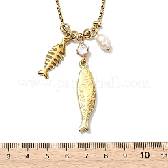 Rice Natural Pearl 304 Stainless Steel Fish Pendant Box Chain Necklaces for Women&nbsp;NJEW-JN06124