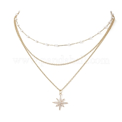 Brass Pave Clear Cubic Zirconia Pendant 304 Stainless Steel & Imitaiton Pearl Link Chain 3 Layer Necklaces for Women&nbsp;NJEW-JN05472-04