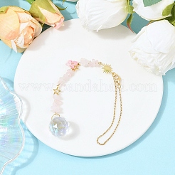 Round Glass & Natural Rose Quartz Chips Hanging Suncatchers&nbsp;HJEW-JM04209-03
