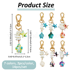 14Pcs 7 Colors Starfish & Sea Turtle Synthetic Turquoise & Natural White Mother of Pearl Shell Chip Pendant Decorations&nbsp;HJEW-FH00137