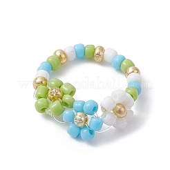3Pcs 3 Color Glass Seed Beaded Stretch Rings Sets. Flower Stackable Rings&nbsp;RJEW-JR00617
