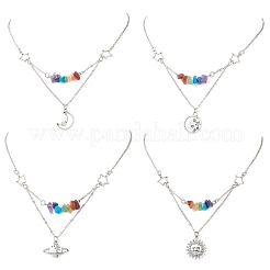 Chakra Gemstone Chip Beaded & Alloy Sun Moon Star Planet Pendant Brass Cable Chain Necklaces for Women&nbsp;NJEW-JN05794