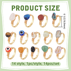 14Pcs 14 Styles 304 Stainless Steel & Gemstone Chip & Evil Eye Resin Finger Rings&nbsp;NJEW-WR00011